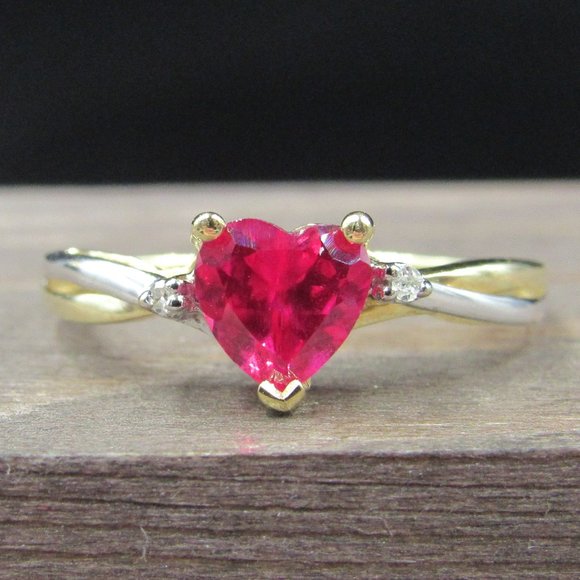 Jewelry - Size 7 10K Gold Ruby Heart With Diamond Band Ring